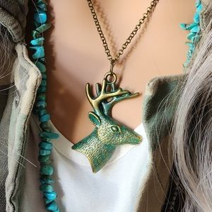 Free People Jewelry Boho Necklace "Antique" Gold Green Patina Deer Antlers